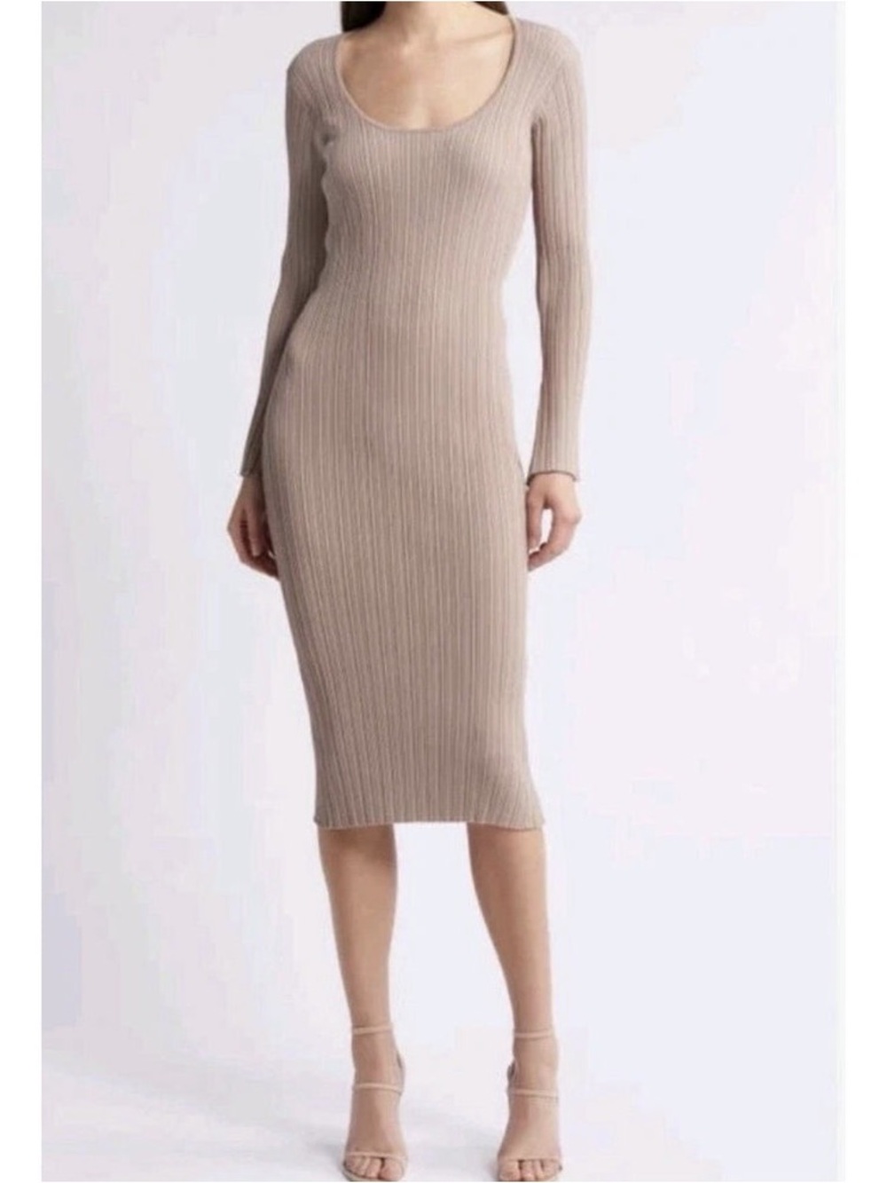 WAYF ALEXI Long Sleeve Ribbed Belt Midi Beige Dress